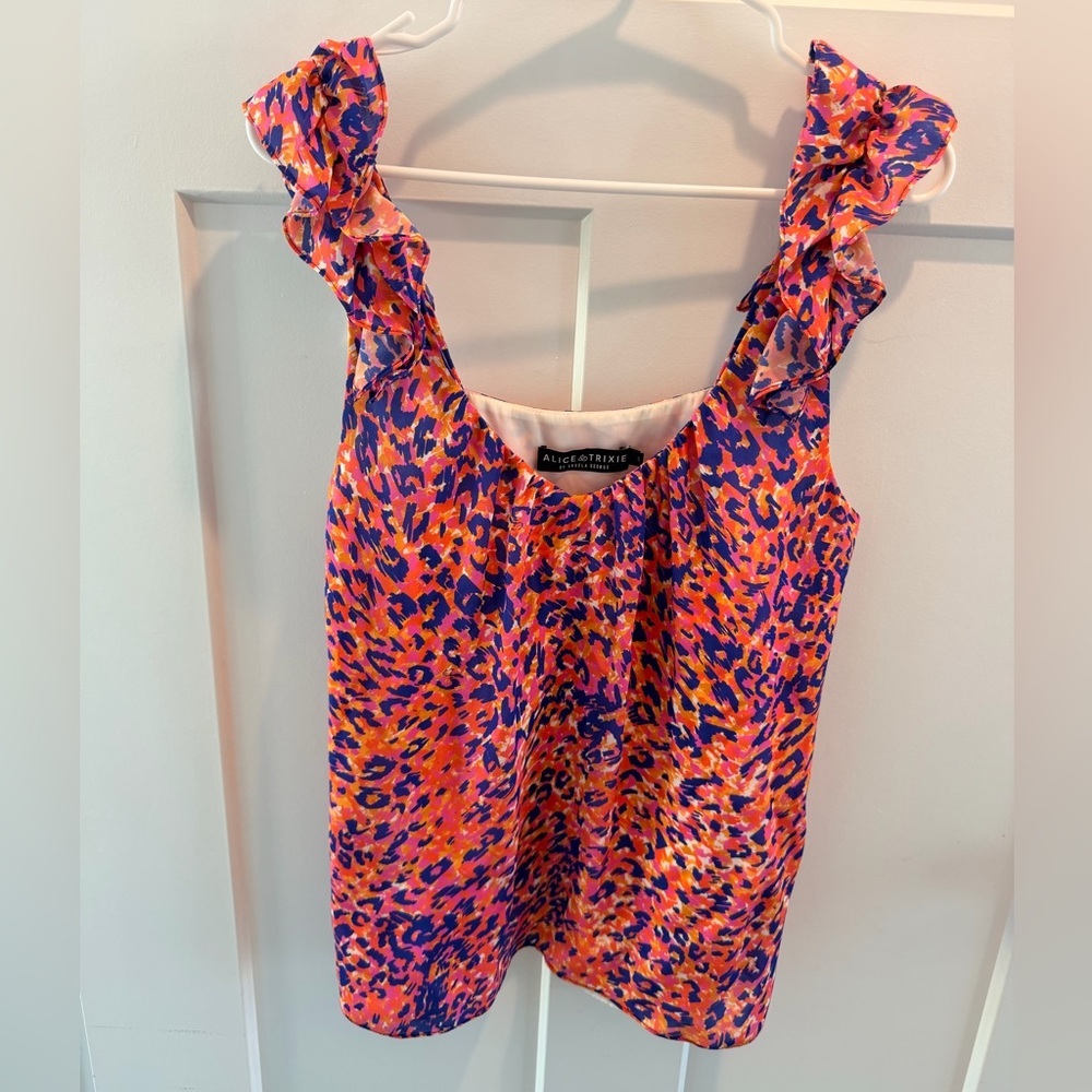 Alice & Trixie Silk Ruffle Strap Top Small Colorful Abstract Blouse